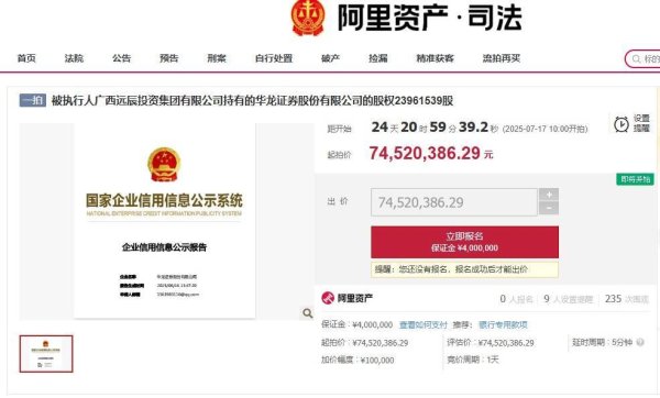 第一配资门户 起拍价7452万元，华龙证券2396万股股权将被司法拍卖